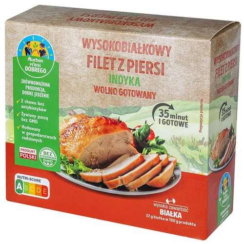 Kartonowe opakowanie fileta z piersi indyka, wolno gotowanego. Zawiera 22g białka na 100g. Na grafice danie z indyka.