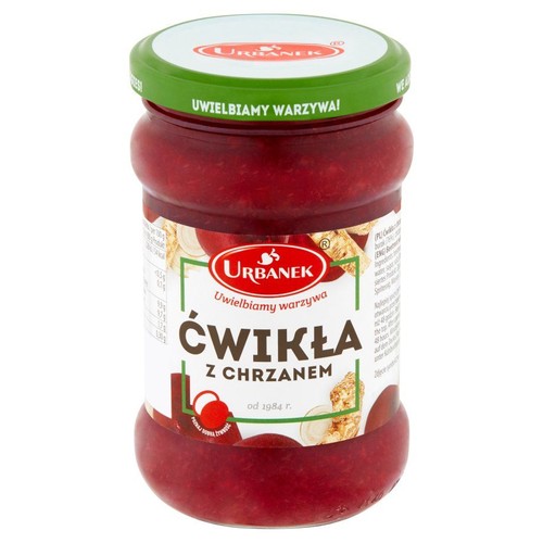 Produkt Urbanek: ćwikła z chrzanem w szklanym słoiku. Etykieta z grafiką buraków i chrzanu. Zielona nakrętka.
