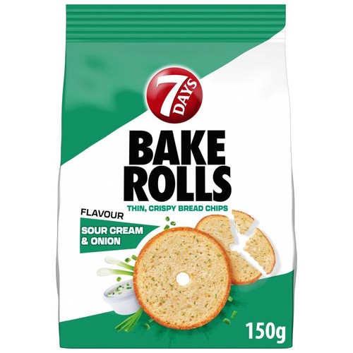 Opakowanie 7 DAYS BAKE ROLLS o smaku śmietany i cebuli, 150g. Cienkie, chrupiące chipsy chlebowe.