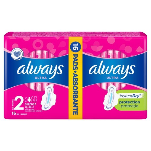 Różowo-niebieskie opakowanie Always Ultra, 16 podpasek Super ze skrzydełkami. Z ochroną InstantDry. Rozmiar 2.
