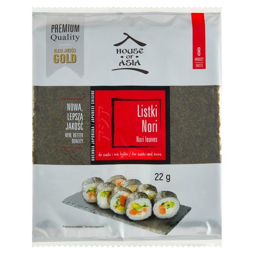 Listki Nori marki House of Asia, 22 g, 8 arkuszy. Produkt o nowej, lepszej jakości, klasy Gold. Przeznaczony do przygotowywania sushi i innych potraw. Na opakowaniu widoczne rolki sushi.
