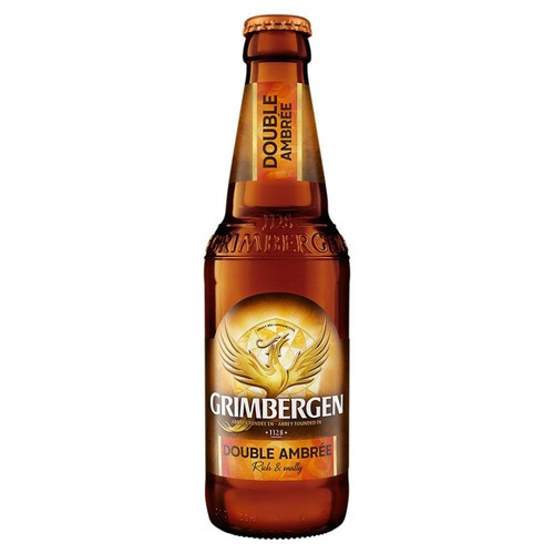 Produkt: piwo Grimbergen Double Ambrée w szklanej butelce z brązowego szkła. Etykieta zawiera złoty symbol feniksa, nazwę "Grimbergen" i tekst "Opactwo założone w 1128". Dodatkowo widnieje opis "Rich & malty".