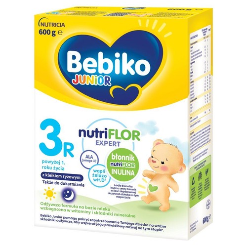 Nutricia Bebiko Junior 3R, 600g. Odżywcza formuła dla dzieci powyżej 1. roku życia, wzbogacona w witaminy i składniki mineralne.