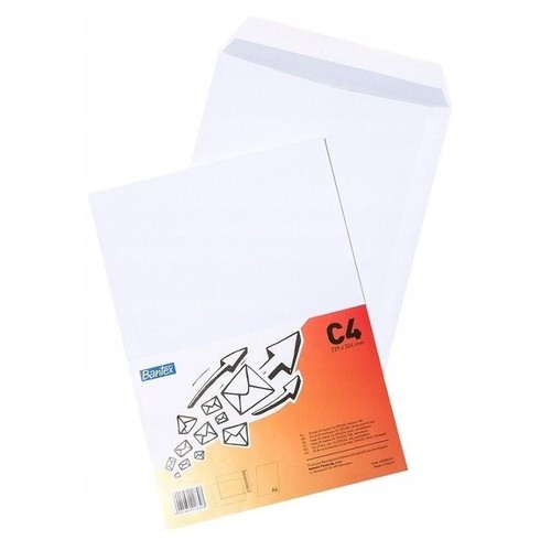 Dwie białe koperty C4 marki Bantex, o wymiarach 229x324 mm. Są to koperty samoklejące z paskiem, wykonane z papieru 80 g/m2. Na etykiecie widnieje logo Bantex oraz grafika przedstawiająca koperty i strzałki. Produkt wyprodukowano w Polsce.