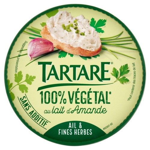 Opakowanie Tartare 100% roślinnego na mleku migdałowym, o smaku czosnku i ziół. Bez dodatków.