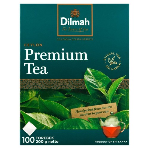 Zielone pudełko herbaty Dilmah Premium Tea, 100 torebek, 200 g. Z napisem "Cejlońska czarna herbata" i grafiką liści.