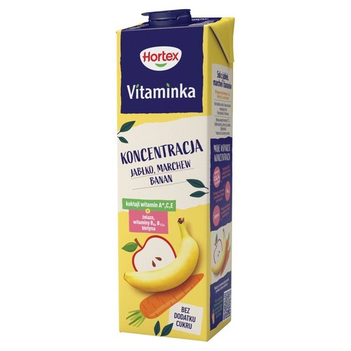 Napój Hortex Vitaminka Koncentracja w kartonie. Zawiera witaminy A, C, E, żelazo, B6, B12, biotynę.