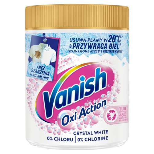 Opakowanie Vanish Oxi Action Crystal White. Odplamiacz do białych tkanin, 0% chloru. Usuwa plamy i przywraca biel.