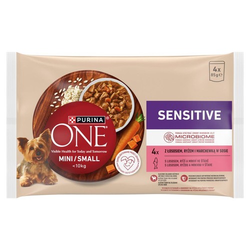 Karma Purina ONE Mini/Small Sensitive, 4x 85g. Opakowanie z grafiką psa i miski z jedzeniem.