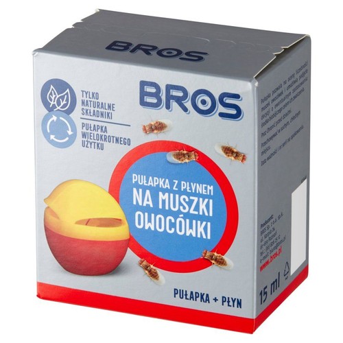 Opakowanie pułapki BROS na muszki owocówki. Zawiera płyn, 15 ml. Produkt wielokrotnego użytku.