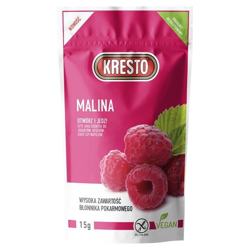 Opakowanie Kresto Malina 15g. Produkt bezglutenowy, wegański, z wysoką zawartością błonnika pokarmowego. Na różowym tle widnieje nazwa Kresto i grafika malin. Można go używać jako dodatek do jogurtów, deserów, ciast czy napojów.