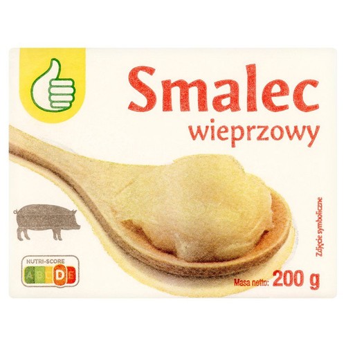 Opakowanie smalcu wieprzowego 200 g. Na etykiecie grafika drewnianej łyżki z tłuszczem i sylwetka świni. Zdjęcie symboliczne.