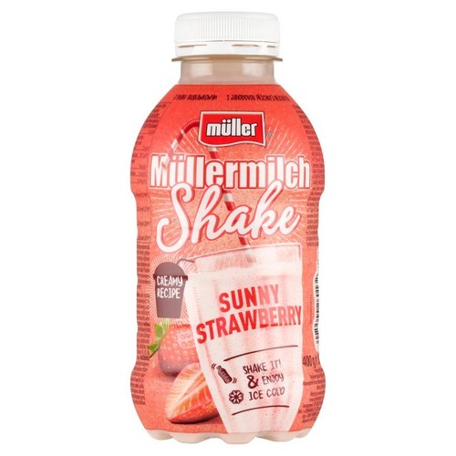 Butelka Müllermilch Shake Sunny Strawberry, 400g. Na etykiecie grafika szklanki z truskawkowym koktajlem i truskawki.