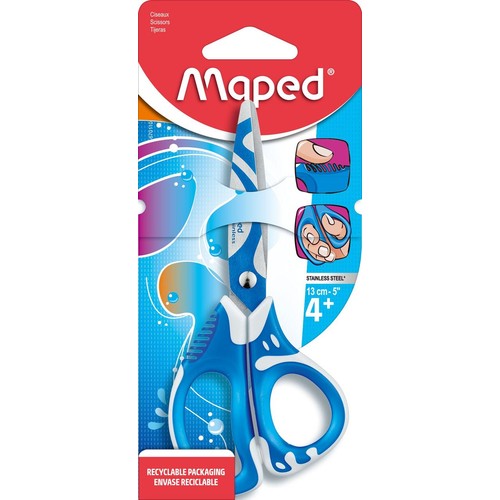 Niebiesko-białe nożyczki Maped dla dzieci 4+ z ostrzami ze stali nierdzewnej, długości 13 cm. Opakowanie z napisem "Recykling".