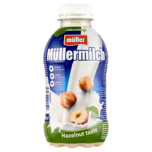 Napój mleczny Müllermilch, 380 ml, smak orzechowy. Biała butelka z niebiesko-zieloną etykietą i orzechami.