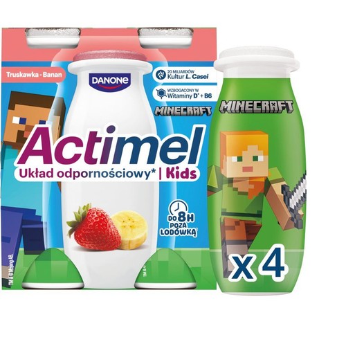 Danone Actimel Kids o smaku truskawkowo-bananowym. Zestaw 4 butelek z motywem Minecraft. Zawiera kultury L. Casei.