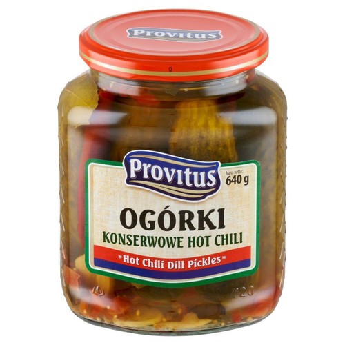 Szklany słoik ogórków konserwowych Provitus z czerwoną zakrętką. Etykieta z napisem "Hot Chili", 640g.