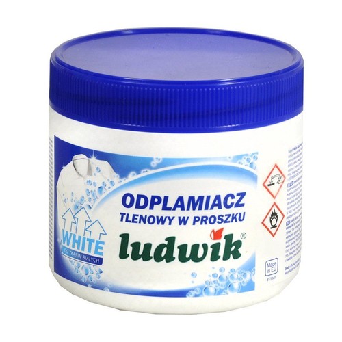 Odplamiacz tlenowy w proszku Ludwik White do białych tkanin, w białym opakowaniu.