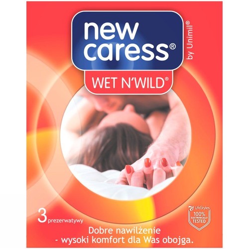 New Caress Wet N'Wild, 3 prezerwatywy. Opakowanie z grafiką pary, dobre nawilżenie.