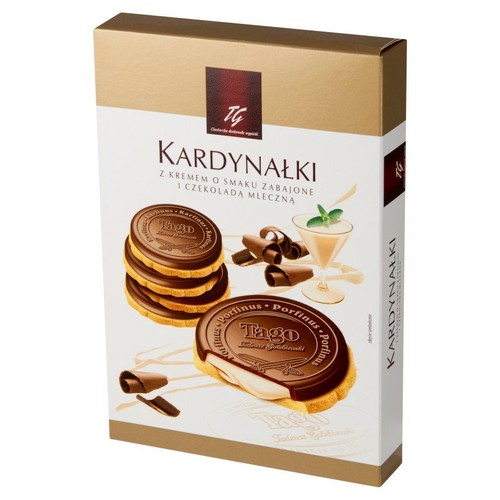 Kartonowe pudełko ciastek Tago Kardynałki. Widoczna grafika okrągłych ciastek z kremem i mleczną czekoladą.