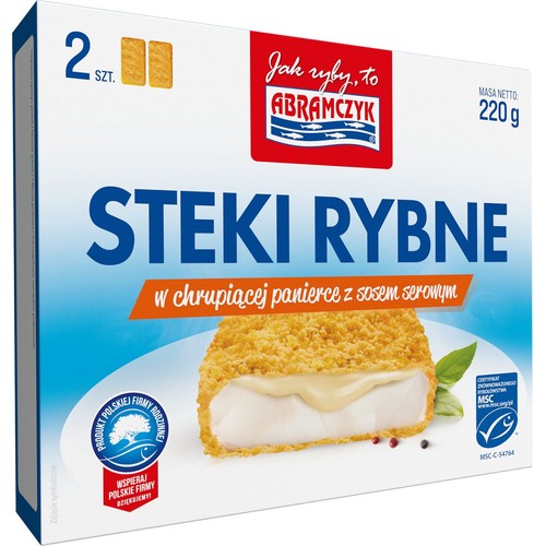 Opakowanie Abramczyk Steki Rybne w chrupiącej panierce z sosem serowym, 2 sztuki, 220 g. Na zdjęciu stek rybny z sosem.