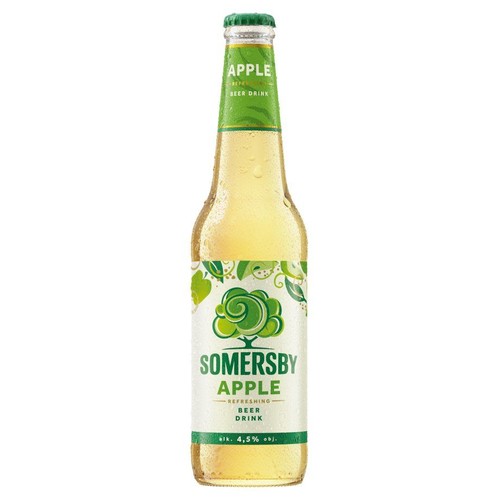 Butelka napoju piwnego Somersby Apple, z widocznymi kroplami kondensacji na szkle. Etykieta jest biało-zielona, z dużym zielonym logo drzewa i napisem "Somersby Apple". Produkt to orzeźwiający napój piwny o 4,5% alkoholu.