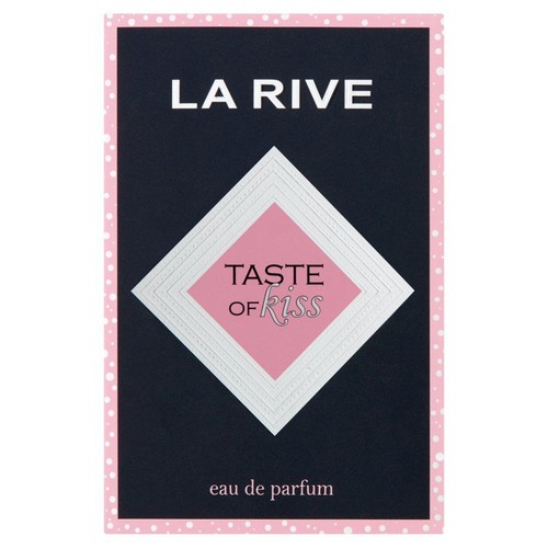 Kartonik wody perfumowanej LA RIVE TASTE OF KISS. Czarny z różowym obramowaniem i napisem "TASTE of kiss" w różowym rombie.