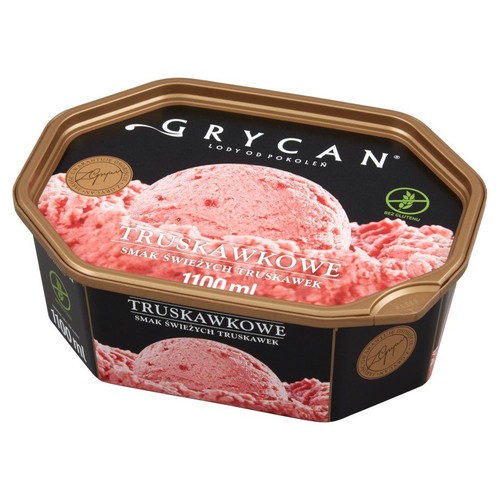 Lody Grycan Truskawkowe w pojemniku 1100 ml. Na czarnej etykiecie grafika lodów i informacja "Bez glutenu". Smak świeżych truskawek.