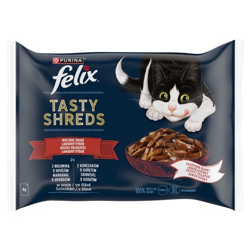 Opakowanie zbiorcze karmy dla kota Felix Tasty Shreds, 4x80g. Smaki wołowina i kurczak w sosie. Z wizerunkiem kota.