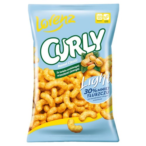 Jasnoniebieskie opakowanie chrupek Lorenz Curly Peanut Classic Light. Produkt zawiera 30% mniej tłuszczu niż standardowe chrupki orzechowe. Na opakowaniu widoczne są chrupki oraz grafika orzeszków ziemnych.
