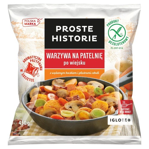 Mrożone warzywa na patelnię Proste Historie po wiejsku z boczkiem i cebulą, 450g. Zawiera przyprawę w saszetce. Produkt bezglutenowy.