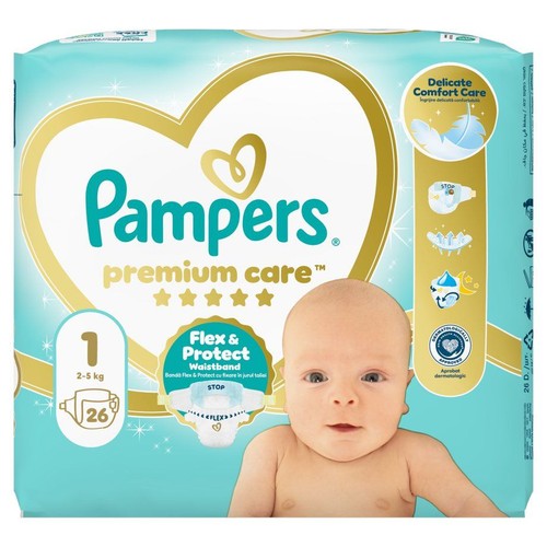 Opakowanie pieluch Pampers Premium Care, rozmiar 1 (2-5 kg), 26 sztuk. Z elastycznym pasem.