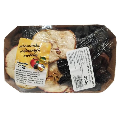 Opakowanie mieszanki wędzonych owoców: jabłka, śliwki, gruszki. Masa netto 250g. Produkt polski.