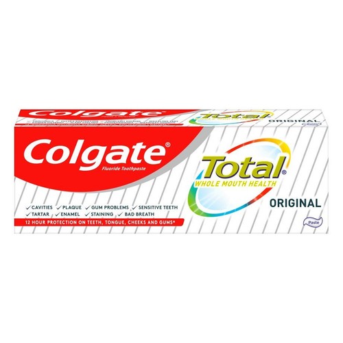 Opakowanie pasty do zębów Colgate Total Original. Chroni przed ubytkami, płytką, kamieniem, przebarwieniami i nieświeżym oddechem.