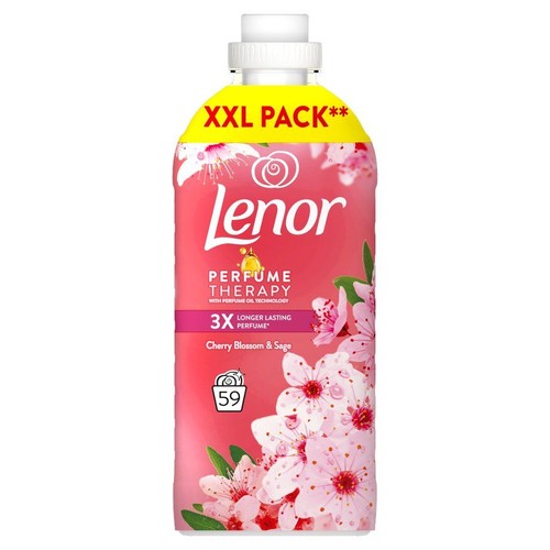 Lenor Perfume Therapy, płyn do płukania o zapachu Kwiatu Wiśni i Szałwii. Butelka XXL na 59 prań, z różową etykietą.