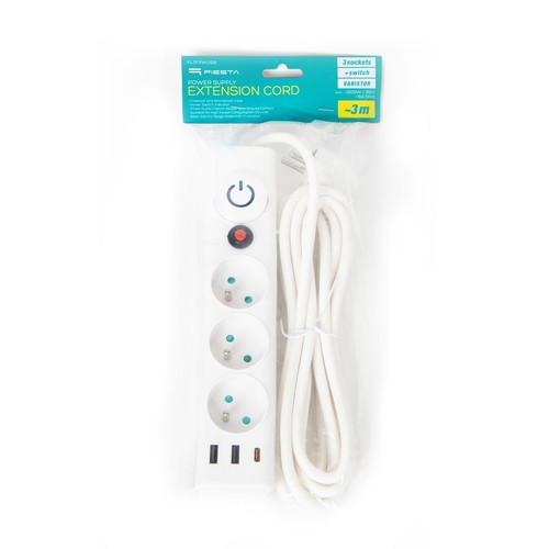 Przedłużacz zasilający FIESTA, biały, z 3 gniazdami, 3 portami USB (w tym USB-C) i przełącznikiem. Długość kabla 3m.