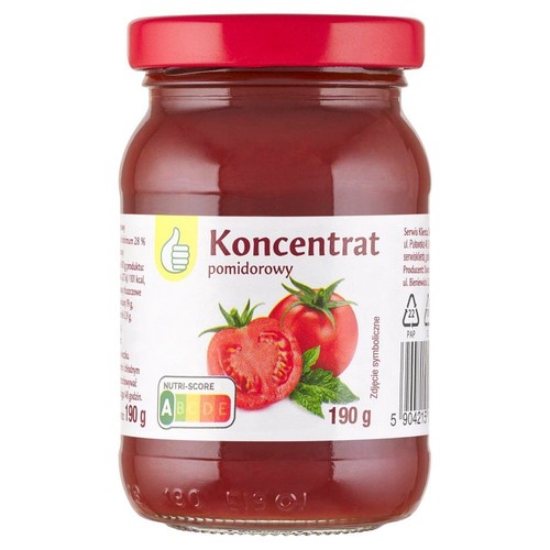 Słoik koncentratu pomidorowego 190 g z czerwoną zakrętką. Na białej etykiecie grafika pomidorów i napis "Koncentrat pomidorowy".