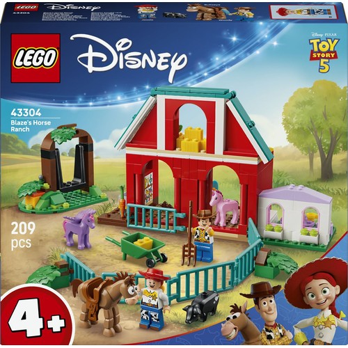 Zestaw LEGO Disney Pixar Toy Story 5, 43304 Ranczo Konia Blaze'a. Zawiera czerwoną stodołę, figurki Woody'ego, konia i inne zwierzęta. 209 elementów.
