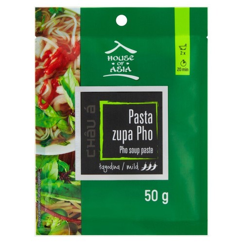 Opakowanie House of Asia Pasta zupa Pho, łagodna pasta do zupy o wadze 50 g. Na zielonym tle czarna etykieta z nazwą produktu. Z lewej strony widoczna propozycja podania gotowej zupy.