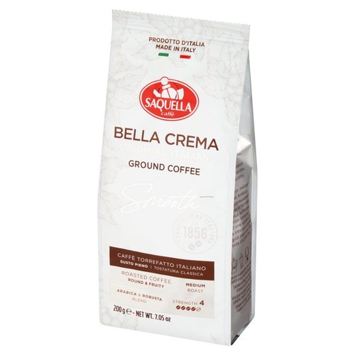 Biała torebka kawy mielonej Saquella Caffè Bella Crema, 200g. Kawa palona, średnio palona, mieszanka Arabiki i Robusty.