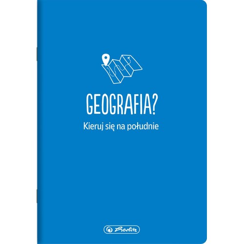 Niebieska okładka zeszytu Herlitz z białym napisem "GEOGRAFIA?" i "Kieruj się na południe" oraz ikoną mapy z pinezką.