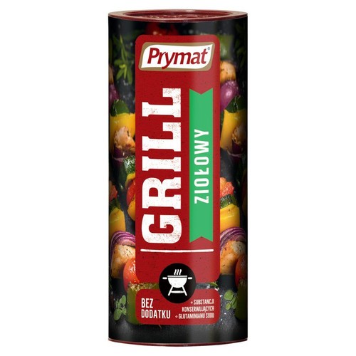 Cylindryczne opakowanie przyprawy Prymat Grill Ziołowy. Na etykiecie grafika szaszłyków.