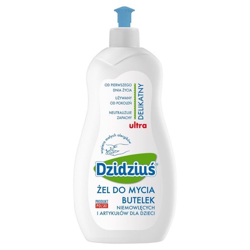 Opakowanie żelu Dzidziuś 500 ml. Biała, ergonomiczna butelka z dozownikiem do mycia akcesoriów dla dzieci.