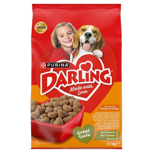 Duże opakowanie karmy dla psów Darling, 10 kg. Czerwono-pomarańczowy worek z wizerunkiem dziecka i psa rasy Beagle.