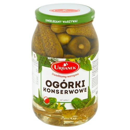 Słoik ogórków konserwowych Urbanek, 400g. Zielona etykieta z napisem "Ogórki konserwowe".