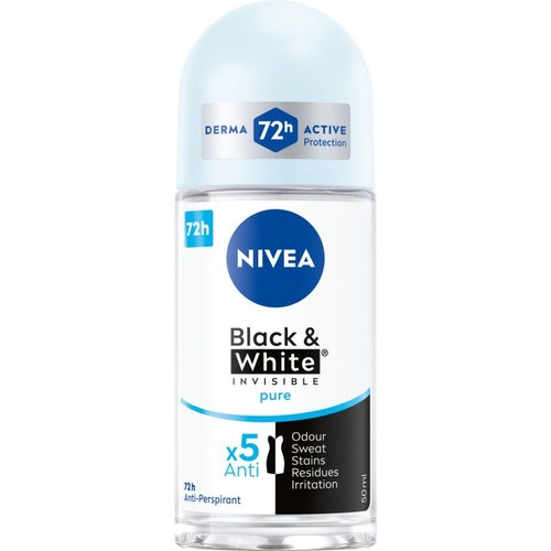 Antyperspirant Nivea Invisible Pure roll-on 50 ml. Przezroczysta butelka z jasnoniebieską kopułkową zakrętką.