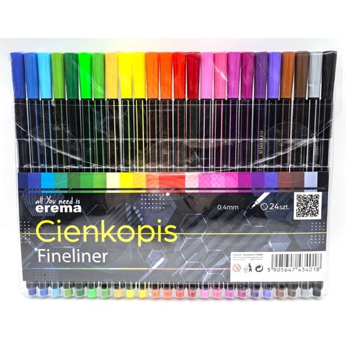 Zestaw 24 cienkopisów erema Fineliner z końcówką 0.4mm, zapakowany w przezroczyste plastikowe opakowanie. Pisaki prezentują szeroką paletę barw, od niebieskiego, przez zielony, żółty, pomarańczowy, czerwony, różowy, fioletowy, brązowy, po czarny.