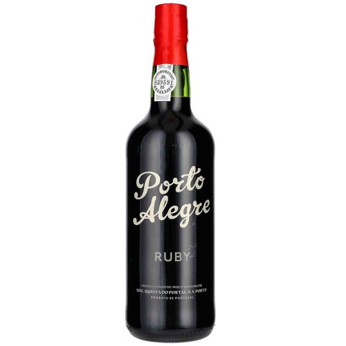 Ciemna butelka wina Porto Alegre Ruby z czerwoną folią na szyjce. Biała etykieta z nazwą "Porto Alegre" i typem "RUBY". Zawiera również dane producenta "SOC. QUINTA DO PORTAL S.A. PORTO" i kraj pochodzenia "Produkt Portugalii".