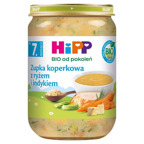 Słoiczek HiPP z zupką koperkową, ryżem i indykiem. Przeznaczony dla niemowląt po 7 miesiącu życia. Produkt BIO.