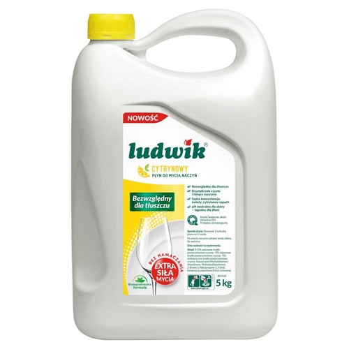 Biały kanister Ludwik Cytrynowy płyn do naczyń, 5 kg. Nowość, bez namaczania, łagodny dla dłoni, pH neutralne.